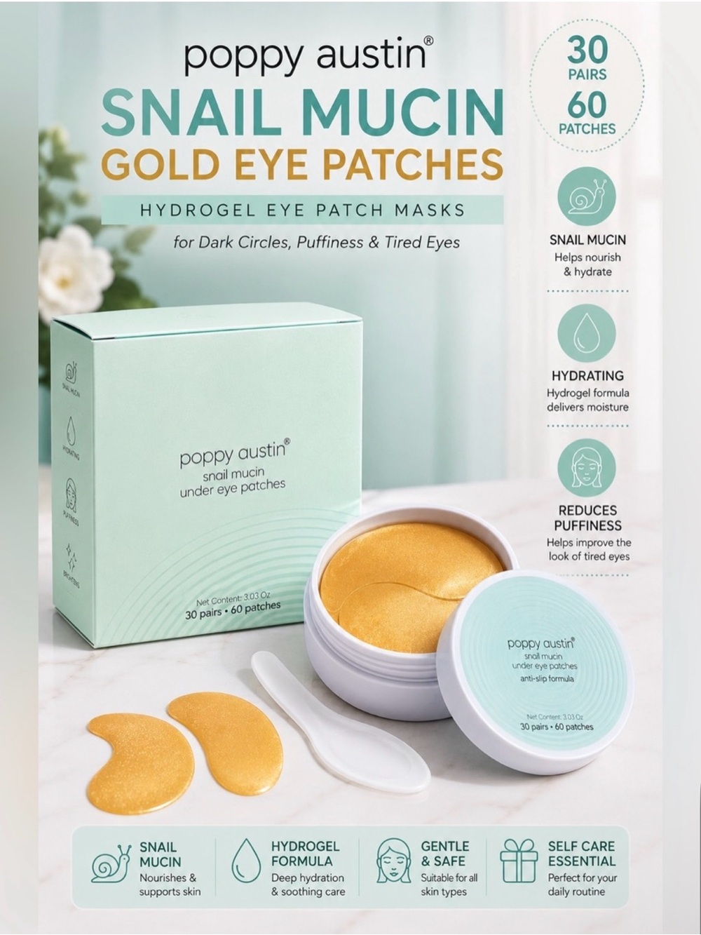NEW Poppy Austin Snail Mucin Gold Hydrogel Eye Patches (30 Pairs / 60 Patches)